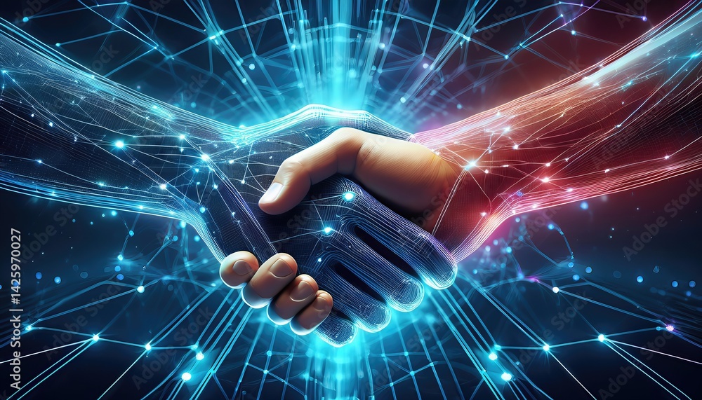 Poster virtual network handshake a futuristic moment of connection in the vibrant hues of a digital cosmos,