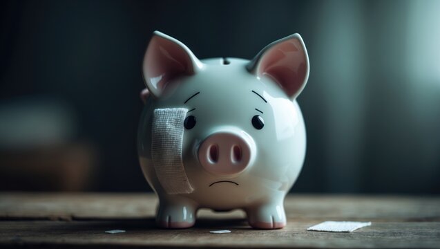 Broken piggy bank with band aid in financial context representing economic recession or bankruptcy
