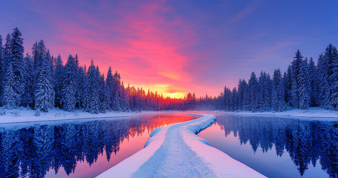 Winter Sunrise Path Across Frozen Lake
