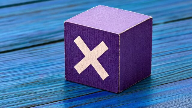 Rotating purple block with x symbol on blue wooden background