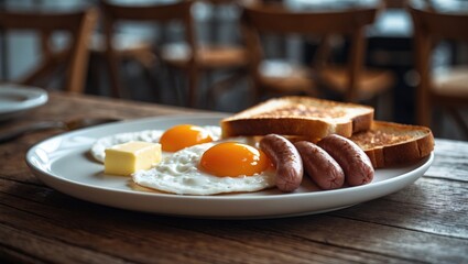 Eggs, bacon, and toast breakfast served with juice on a plate