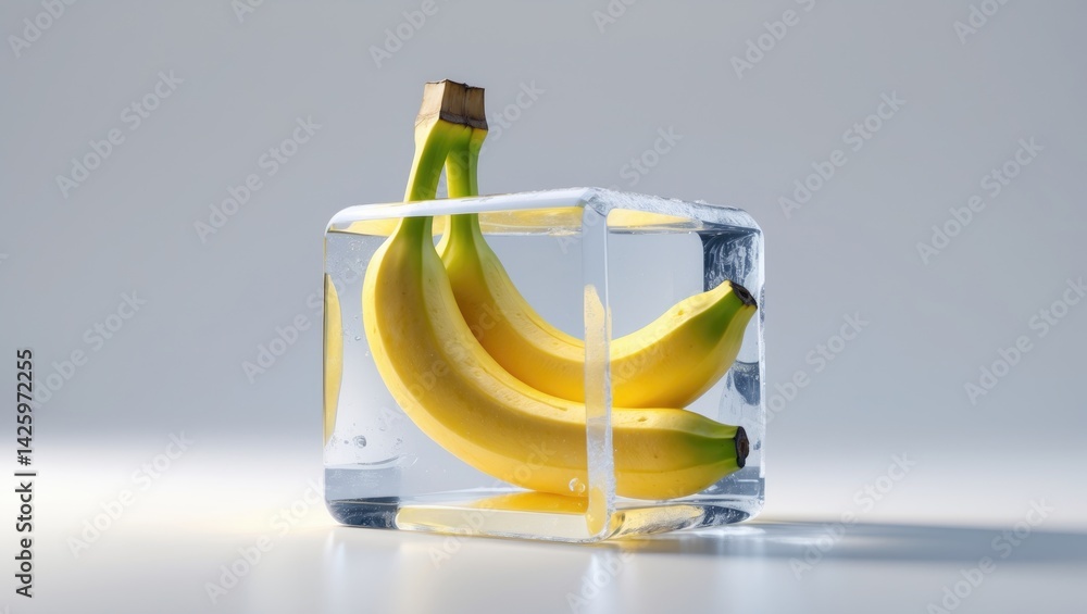 Poster ice cube and ripe banana displayed separately against a white backdrop