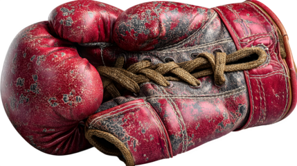 Boxing gloves in red leather with worn texture, tied together, isolated on transparent background