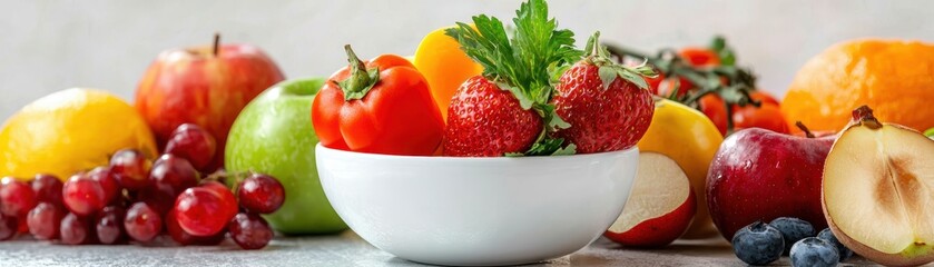 Colorful fresh fruits in a white bowl.