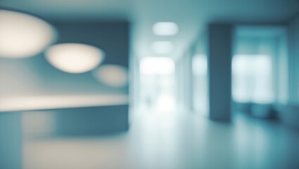 Abstract blurred image of a modern minimalist office interior with soft lighting and muted tones
