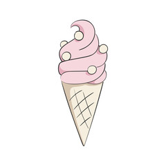 Hand drawn ice cream in a waffle cone vector illustration.