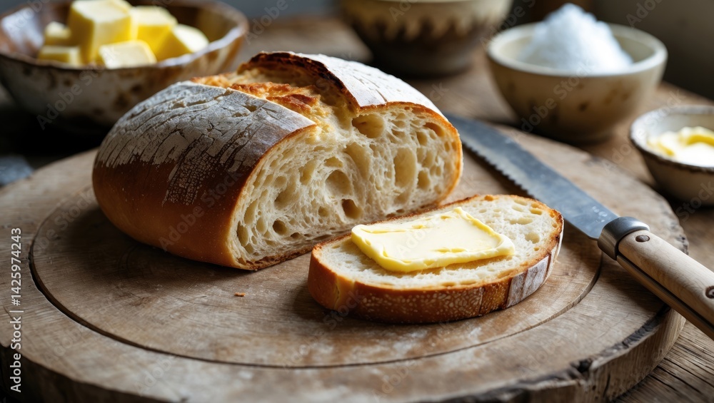 Poster homemade sourdough bread slice with butter and sugar on wooden board for a simple breakfast setting.