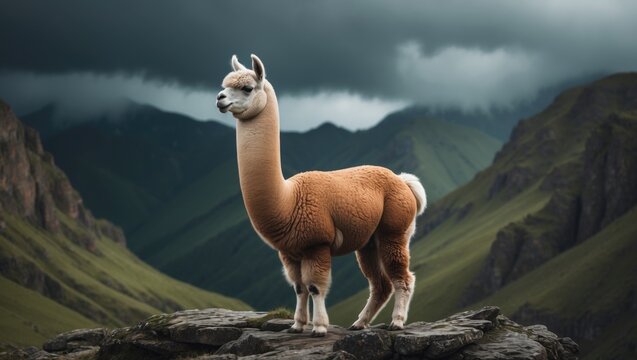 Alpaca at Machu Picchu amid Peru's lush forest and clouds