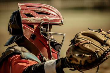 Baseball catcher with mask and mitt, ready to receive a pitch. Generative AI