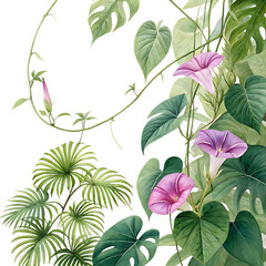 Fototapeta premium Watercolor Wild morning glory leaves jungle vines tropical plant isolated on transparent background