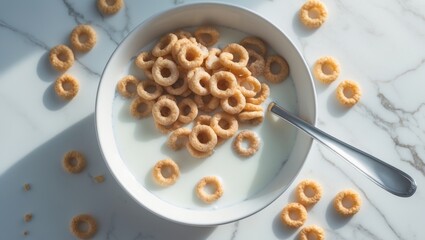 Overhead view of a cereal bowl with milk on white marble surface