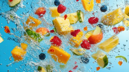 Colorful fruits splashing in clear water.