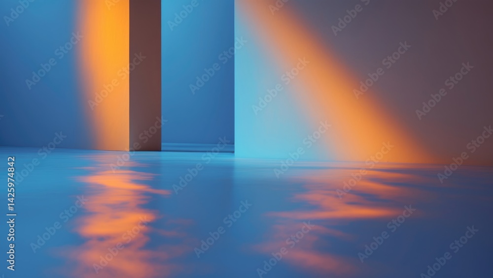 Poster Futuristic product showcase featuring an abstract blue background with amber lighting and soft shadows on the wall.