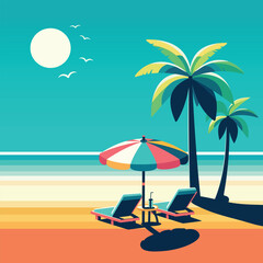 Relaxation on the beach under a palm tree for two. Beach chairs with a sun umbrella on a tropical background. Poster, Banner, Flyer, Greeting Card. Vector illustration in flat cartoon style