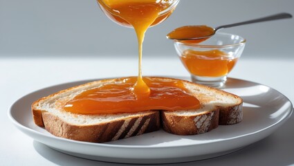 Glass bowl with apricot jam pouring over bread toasts