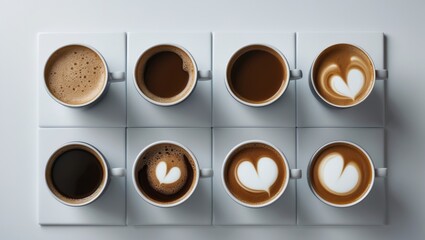 Set of aromatic coffee drinks with foam isolated on white background