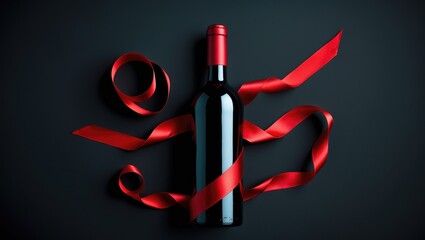 Red wine bottle wrapped in satin ribbons, top perspective