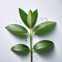 Green Leaves with Dew Drops on White Background - Nature and Freshness Concept