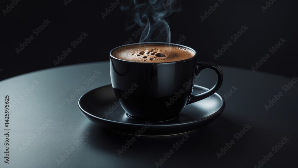 Poster a hot black coffee in a mug resting on a table with a dark background.