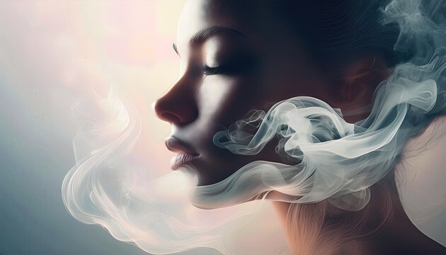 Evocative Double Exposure Feminine Figure Amidst Drifting Smoke, Capturing the Ethereal Ambiance of Noir Cityscapes. - Powered by Adobe