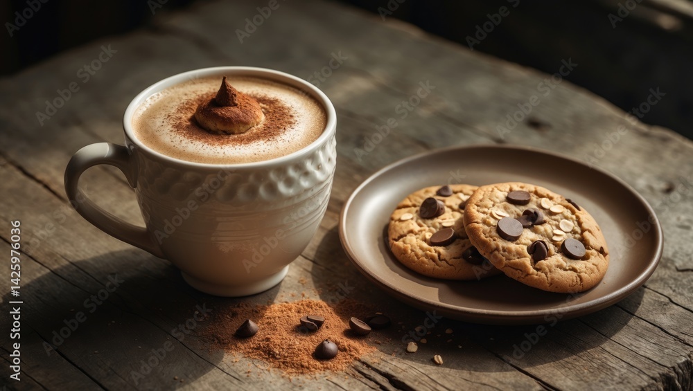 Aufkleber a white cup of chai latte coffee topped with cinnamon foam and accompanied by a variety of cookies
