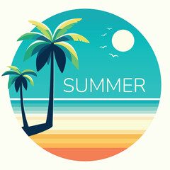 Relaxation on the beach with two palm tree on a tropic white background. Summer time. Poster, Banner, Flyer, Greeting Card. Vector illustration in flat cartoon style
