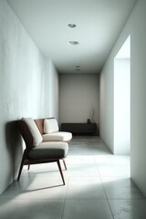 Serene Minimalist Hallway: Two Modern Chairs, Soft Light, and Tranquil Mood