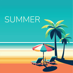 Relaxation on the beach under a palm tree for two. Beach chairs with a sun umbrella on a tropical background. Poster, Banner, Flyer, Greeting Card. Vector illustration in flat cartoon style