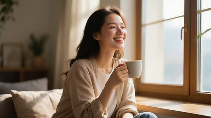 아침에 창문 가까이에서 커피를 마시는 젊은 여성, 부드러운 빛, 아늑한 분위기.(a young woman drinking coffee near a window in the morning, soft light, cozy mood, authentic and calming atmosphere, lifestyle imagery)
