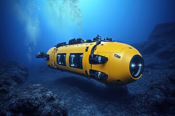 Bright Yellow Submarine Exploring Deep Blue Ocean Depths