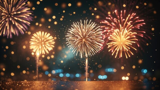 Abstract black and gold glitter background featuring fireworks for holiday theme