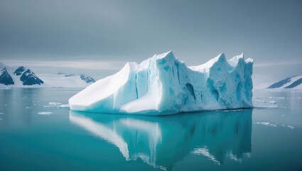 Aerial view of melting Antarctic iceberg in icy blue waters with snow-capped mountains in the background, highlighting climate change and glacier melt