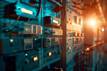 Power high voltage circuit breaker in operation inside a control room. Generative AI