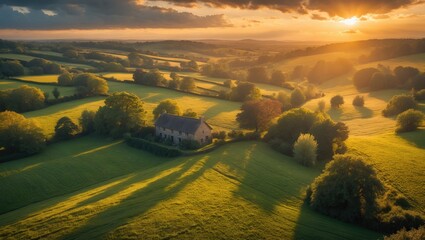 Sunset aerial perspective of the rural area with dramatic illumination on trees and hedgerows