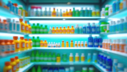 Modern drugstore interior with blurred view of medication and empty shelves