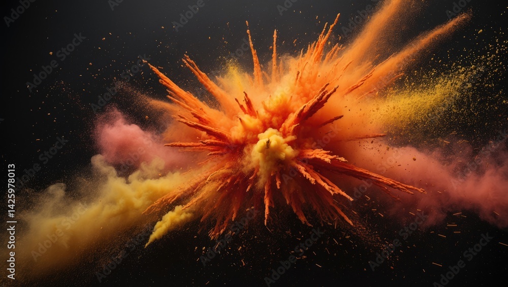 Poster abstract powder splattered background with orange explosion on black backdrop