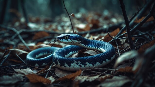 A lively snake is perched above a collection of freshly fallen leaves