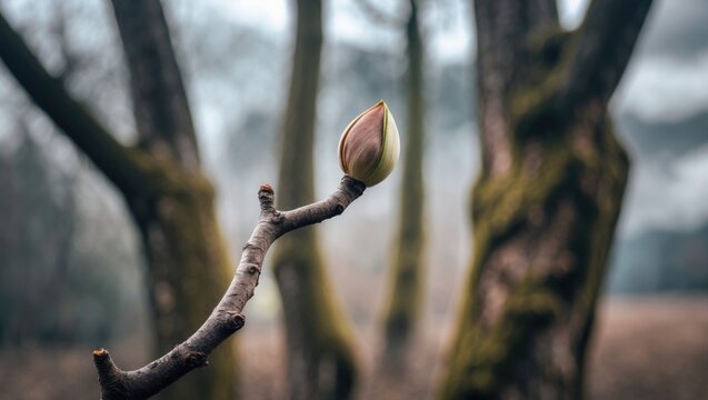 Abstract sky background featuring blooming chestnut twig with single apical bud, close-up photography