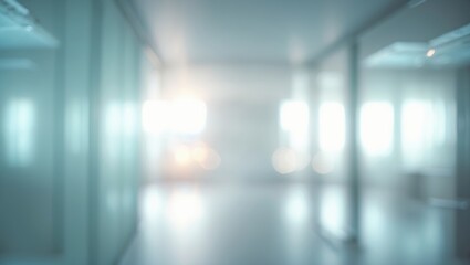 Abstract office background with blurry glass and modern spacious hall featuring reflections and big windows