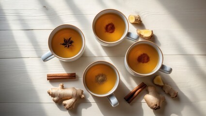 Ceramic cups filled with Masala tea and spices on a light wooden surface from a top view with space for text