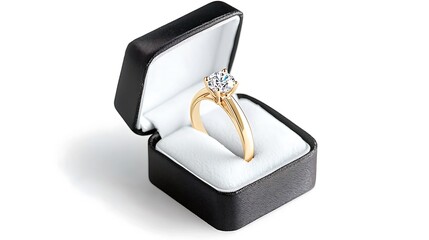 A golden ring with a shiny gem in a sleek black display box on white backdrop