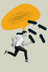 Poster trend collage of person think chaos mind cloud on khaki background