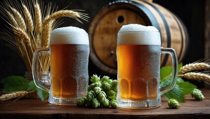 Wooden background featuring a mug of beer, wheat ears, green hops, and a beer barrel