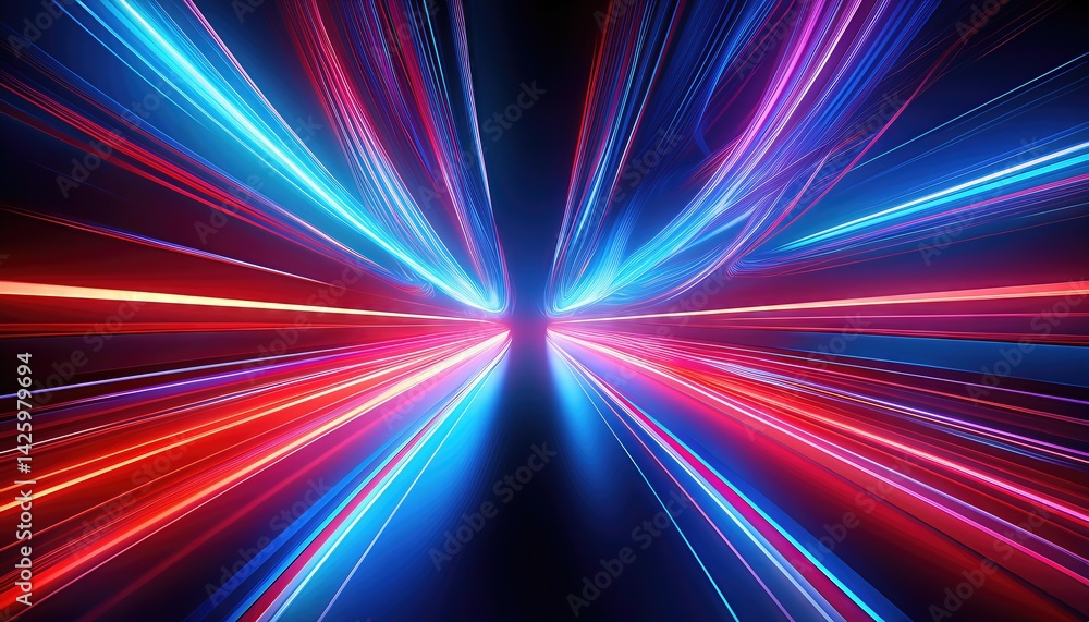 Poster vibrant neon light trails dynamic abstract digital design illuminating a bold color spectrum of blue