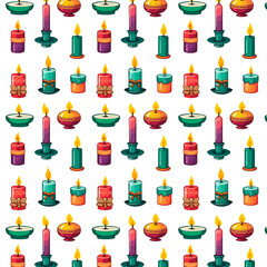Pattern of multi-colored candles.Multicolored candles on a white background in a vector seamless pattern.