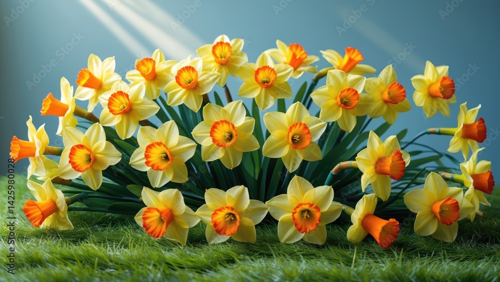 Aufkleber artificial daffodils with green leaves and vibrant grass background