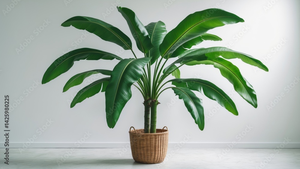 Poster artificial banana tree plant placed in a basket against a white background