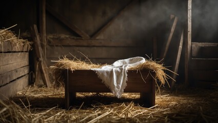 Jesus in a manger with hay and swaddling clothes during nativity in a stable setting