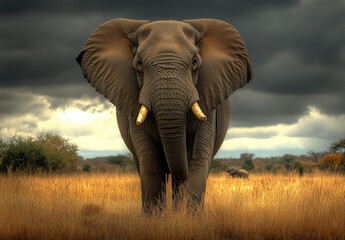 Fototapeta premium Majestic African Elephant in Tall Grass Under a Dramatic Stormy Sky