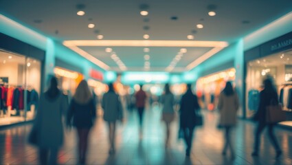 Abstract blurred background of a modern shopping mall interior with retail and fashion elements